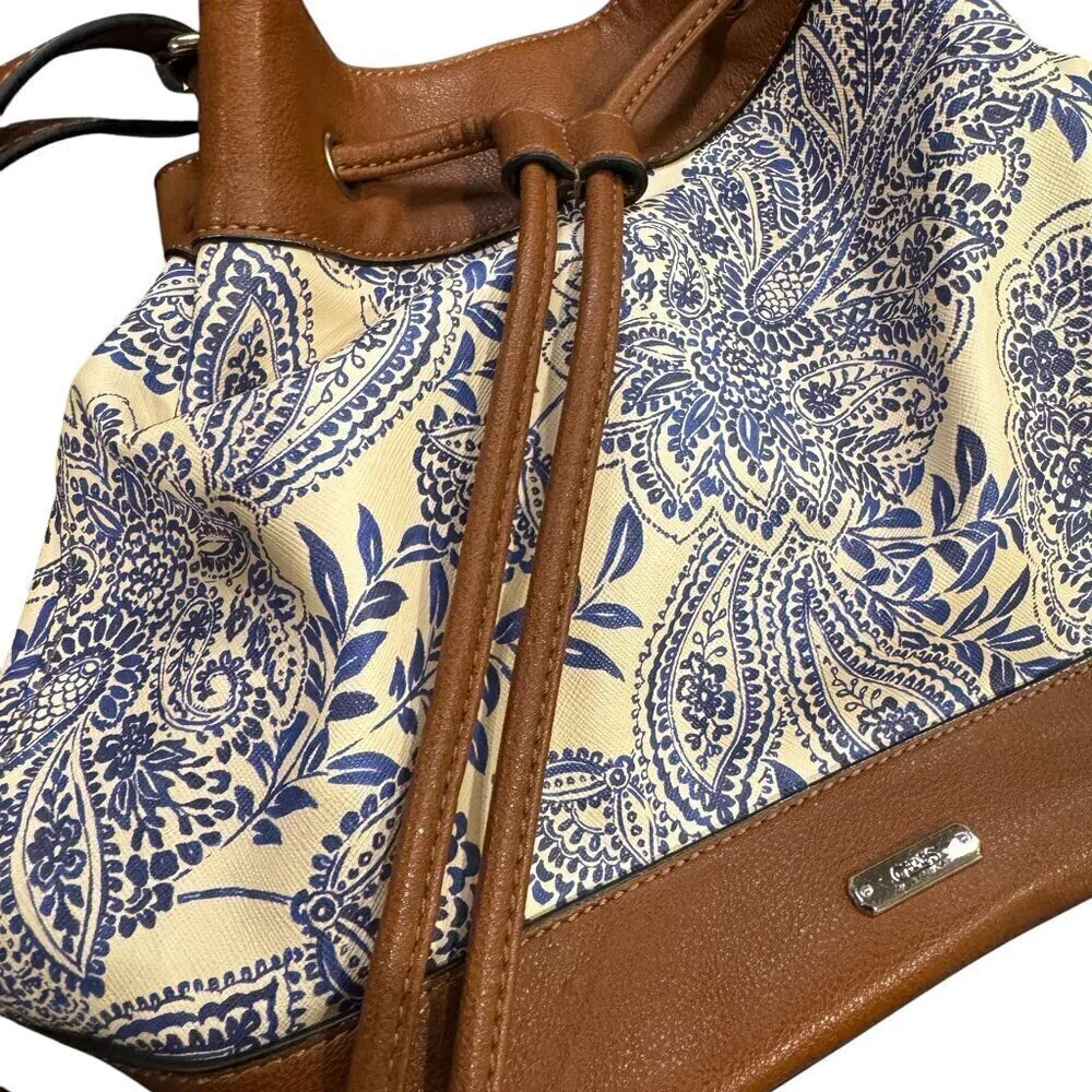 Vintage Chaps Floral Bucket Bag – Blue Paisley Print with Brown Leather Accents